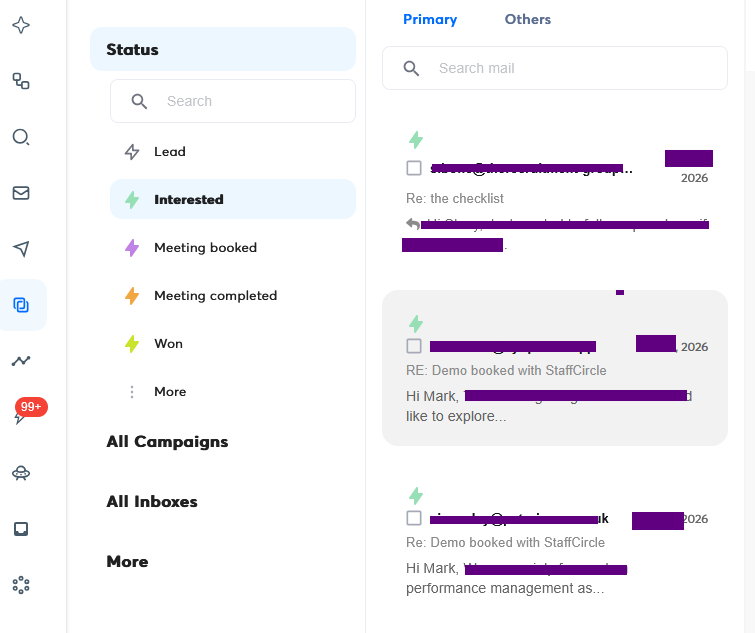Instantly Unibox showing interested replies from the StaffCircle campaign